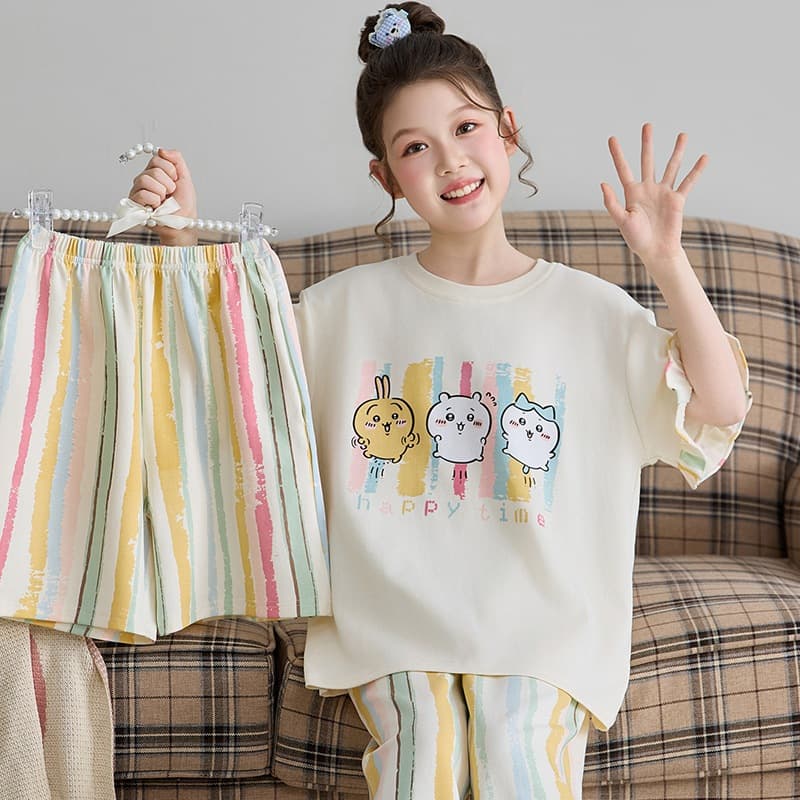 Summer Girls' Pajamas Short Sleeve Pure Cotton Cute Set for Middle and High School Students Age 13