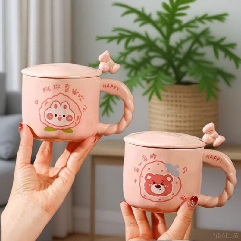 High Appearance Korean Pink Bear Mug with Lid Spoon Gift Box Ceramic Water Cup Premium Gift