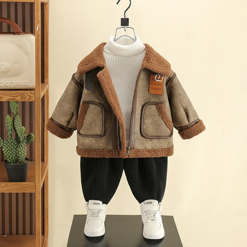 8836 Boys Faux Fur Lined Coat Winter Kids Stylish Fleece Thickened 2026 New Baby Autumn Winter Korean Style