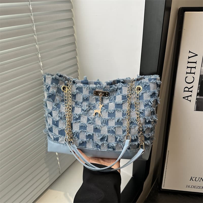 Denim Checkered Crossbody Bag Baguette Bag 2025 Summer New Style Elegant Shoulder Bag French Underarm Bag for Women