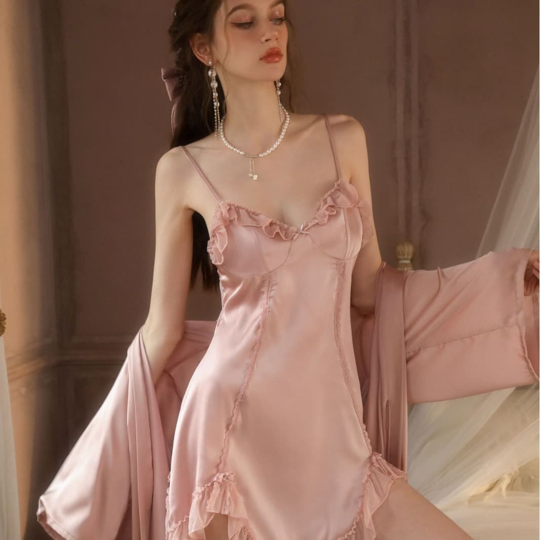 Sexy Pajamas Women's Ice Ribbon Chest Pad Lace Sling Nightgown Pure Desire Style 2024 New Silk Homewear
