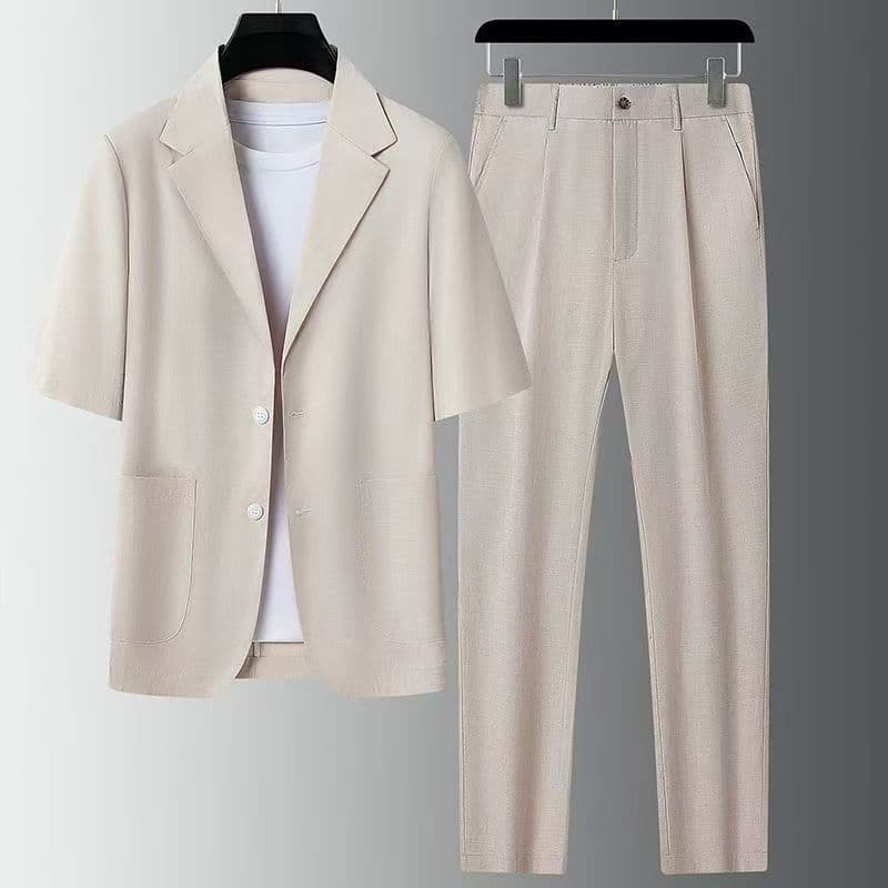Old Money Style Lyocell Linen Suit Set Summer Short Sleeve Suit Men's Draped Slim Ankle Suit Set