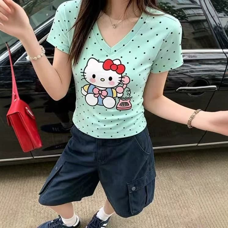 Japanese New Cartoon Cat Print Polka Dot Short Sleeve T-Shirt for Women, Summer Slim Fit Versatile Regular Shoulder Basic Top