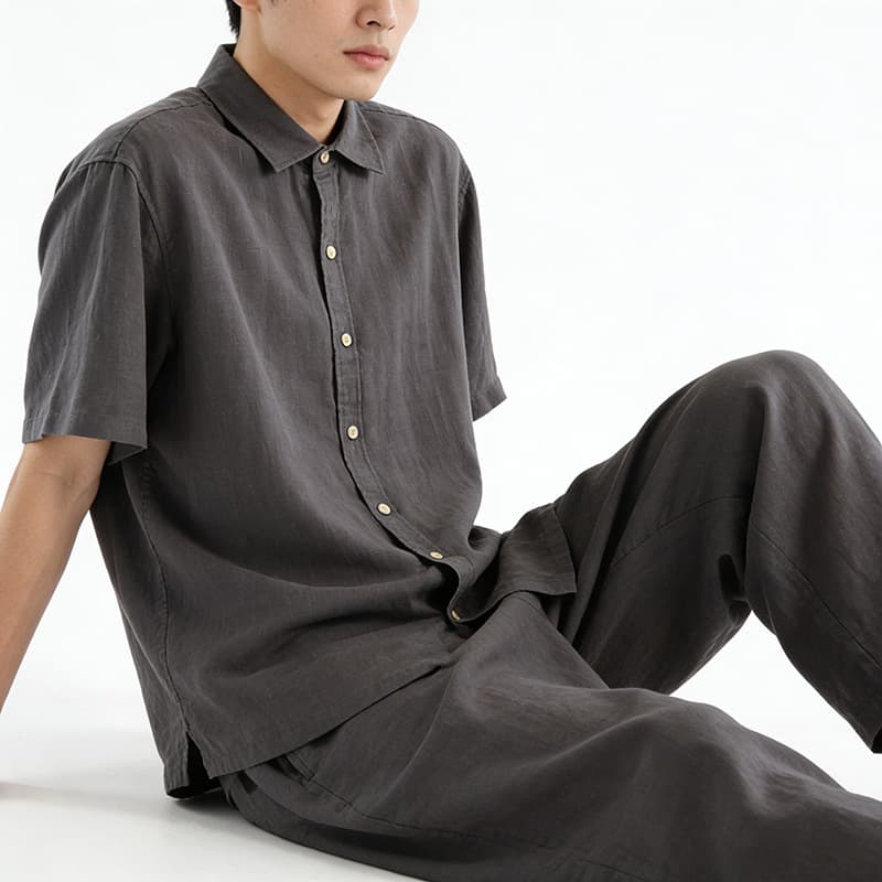 Spring and Summer Men's Hemp Short-Sleeved Shirts, Casual Loose Lapels, Solid Color Breathable Youth Men's Tops and Shirts