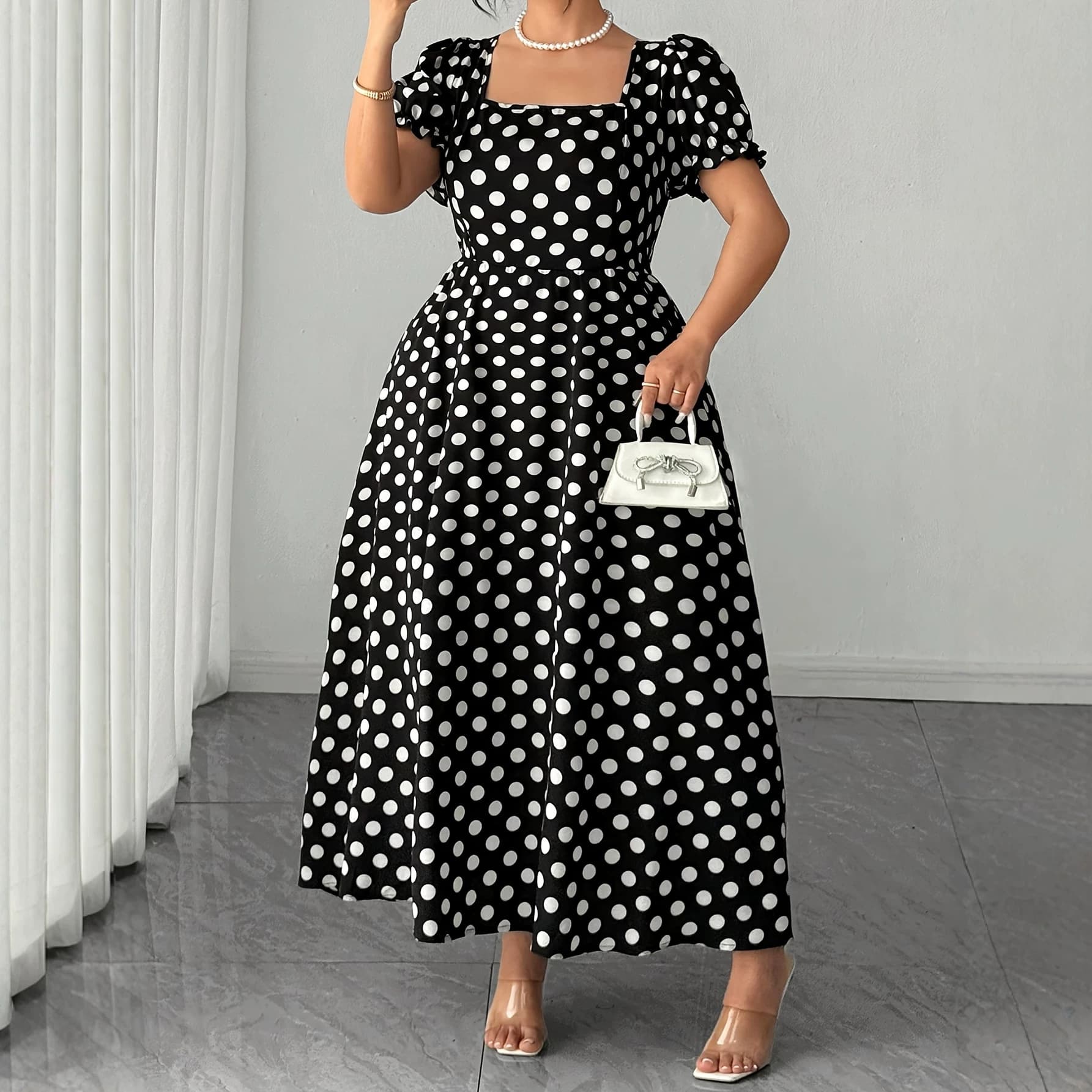 Cross-border foreign trade European and American large size 2026 new summer style elegant square collar polka dot strap waist mid-length skirt
