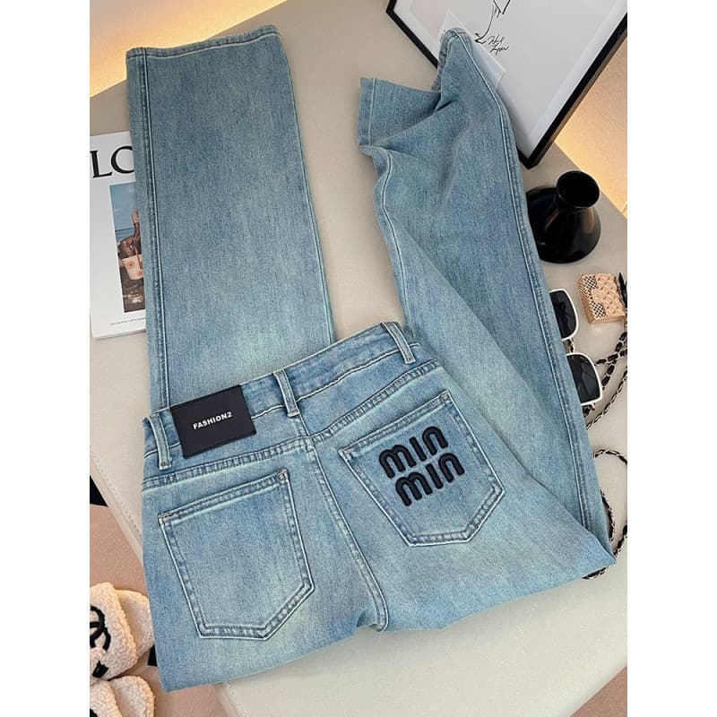 Embroidered Lettering Slim Fit Stretch Jeans for Women, 2025 Spring New High-Waist Slimming Loose Light Color Straight Leg Pants