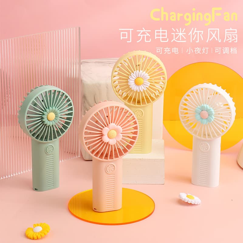 Mini Portable Rechargeable Fan with Light, Fresh Flower Design, Outdoor Student Fan