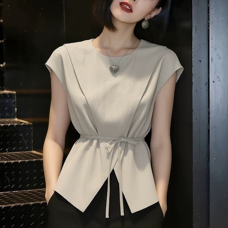 Irregular Flutter Sleeve Short-Sleeve Shirt 2026 Summer New Women's Stylish Beige Retro Blouse