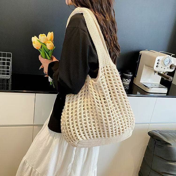 Summer Woven Hollow Knit Bag Commuter Tote Bag Women's New Beach Bag Large Capacity Shoulder Bag