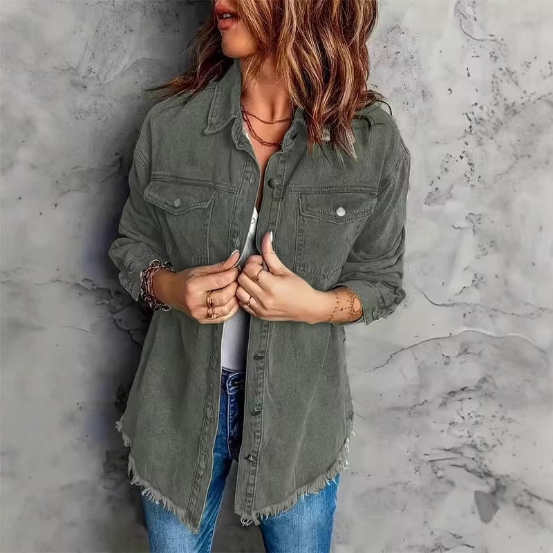 New Cross-Border European and American Denim Jacket for Women, Dark Green Loose Fit Jacket, Ripped Long Sleeve Denim Shirt, Bestseller