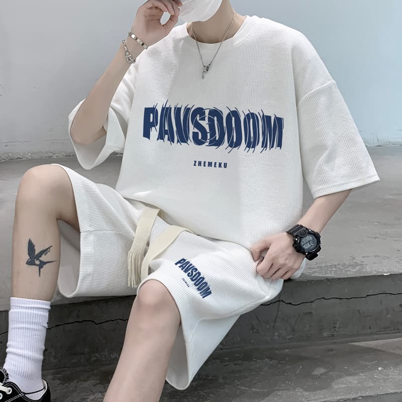 Waffle American Casual Sport Set Men Summer Plus Size Handsome Trendy Shorts Short Sleeve One Set Thin Summer
