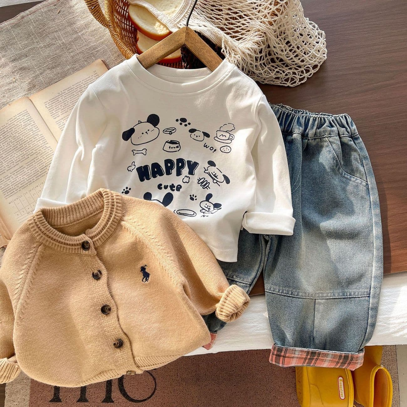 2026 Spring Knit Cardigan 3-Piece Set Boys Japanese Casual Embroidered Sweater Spring Kids Jeans Outfit