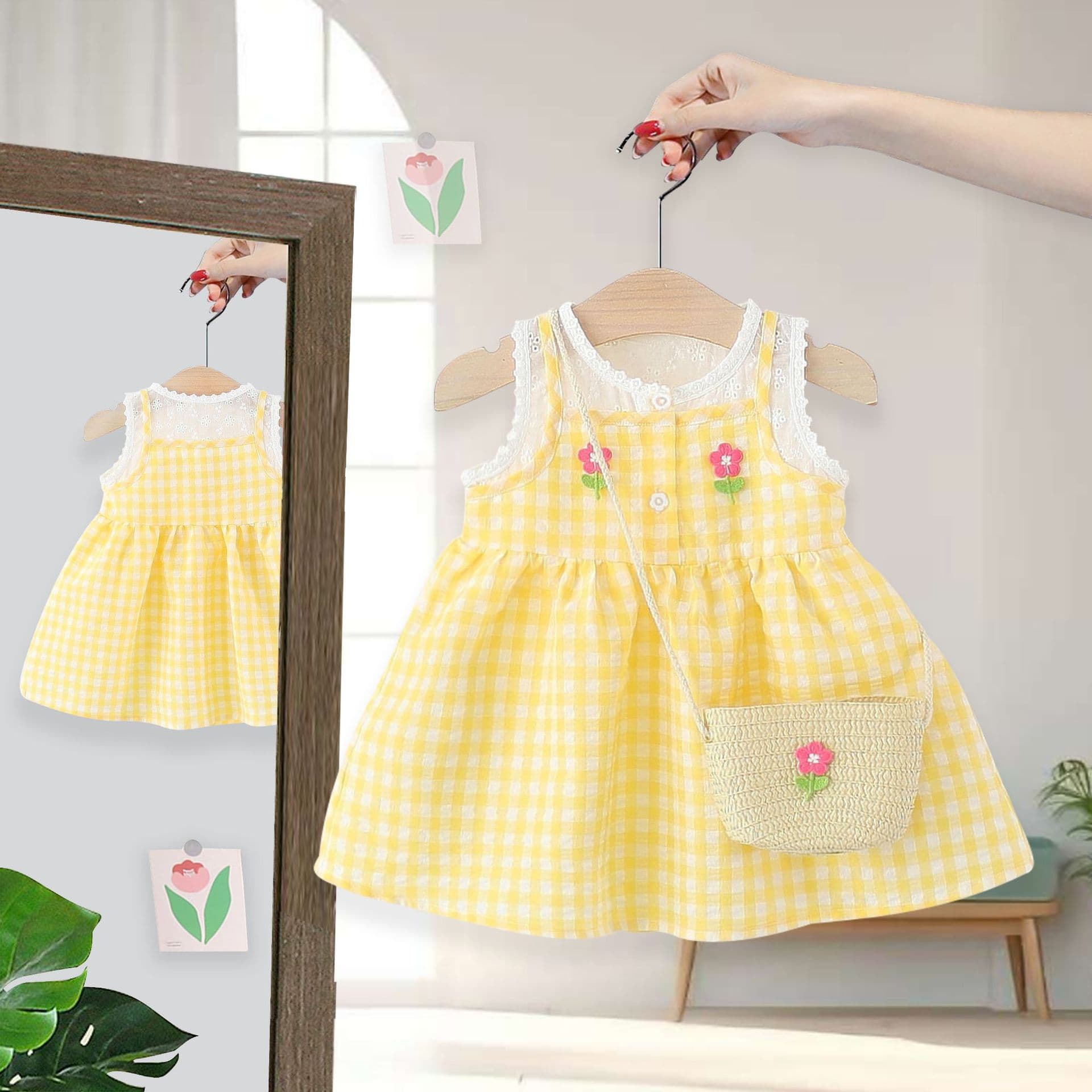 Children's Summer Fashionable Dress for Girls, Sweet Sleeveless Gingham Vest Dress for Little Girls