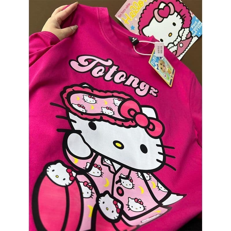 Extra Large 300 Jin Dopamine Kitty Cat Print Cotton Short Sleeve T-Shirt for Women Summer Half Sleeve Couple Top