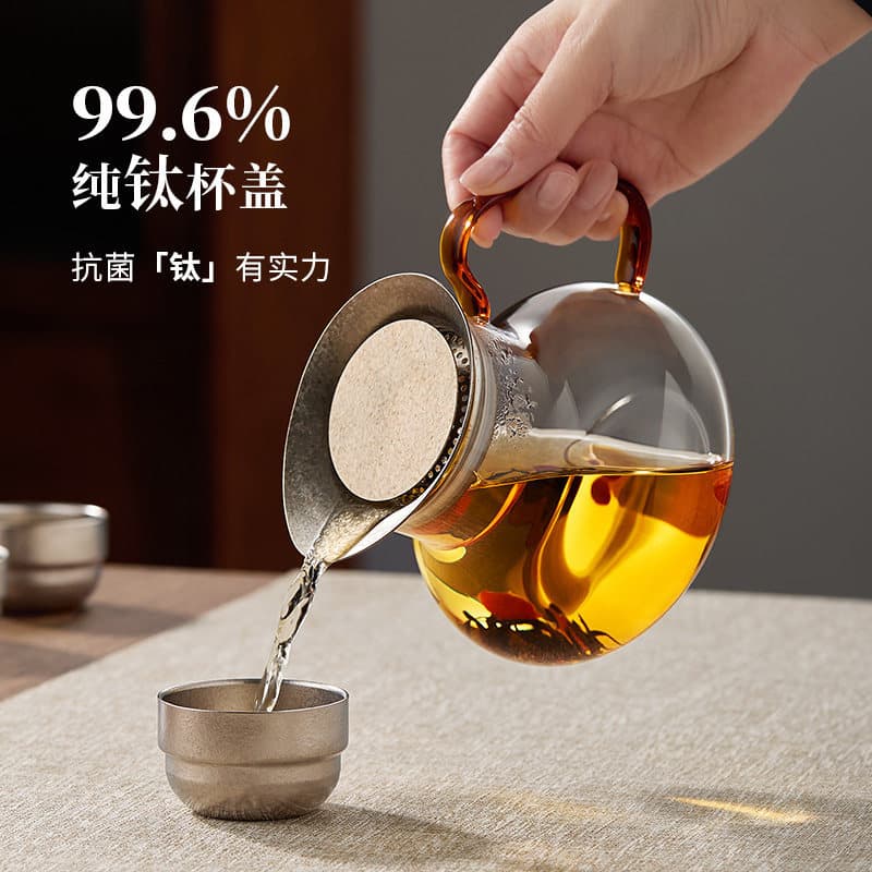 Glass Teapot with Pure Titanium Lid, Household Tea Pot with Integrated Filter, Tea-Water Separation Titanium Tea Cup, 2026 New Health Pot