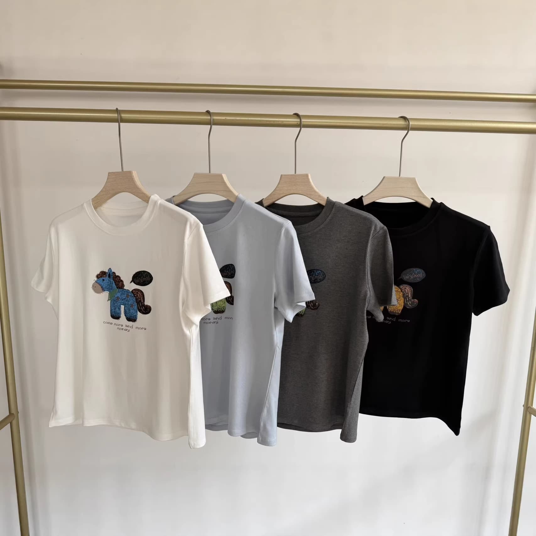 Embroidered Collection Short Sleeve T-Shirt for Women, Summer Fashion Simple Versatile Korean Style Casual Round Neck Slim Breathable Top