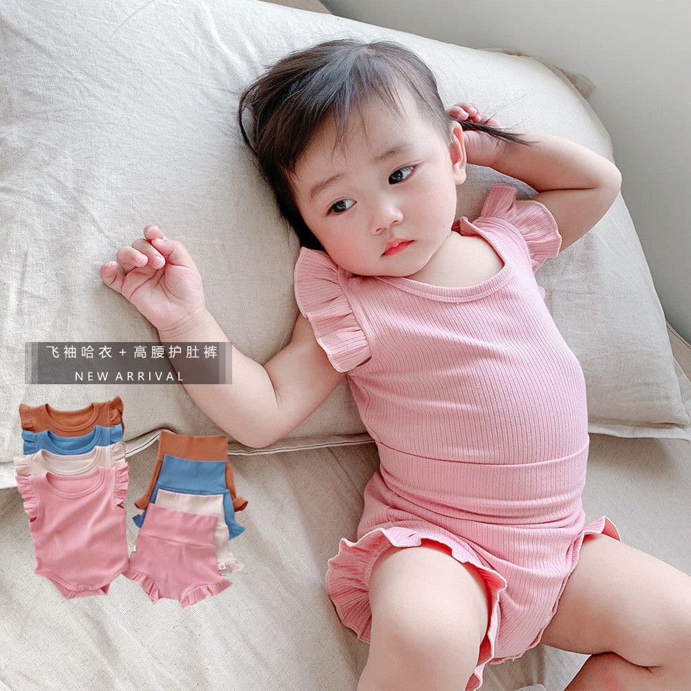 Baby summer clothes, children's home clothes set, baby girl's ear top, girl's high waist belly protection two-piece set