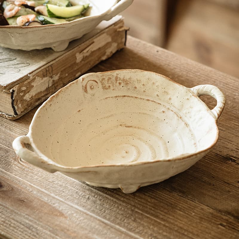 Handmade Coarse Pottery Double-Handle Plate Vintage Distressed Salad Plate Homestay Restaurant Bread Tableware Bowl Household Soup Bowl Double-Handle Bowl