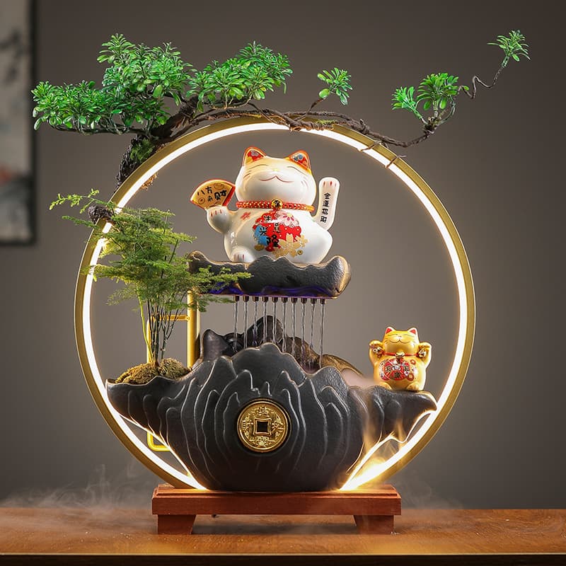 Creative Fortune Cat Water Fountain Ornament for Home Living Room Desktop Office Circulating Water Opening Ceremony Housewarming Gift