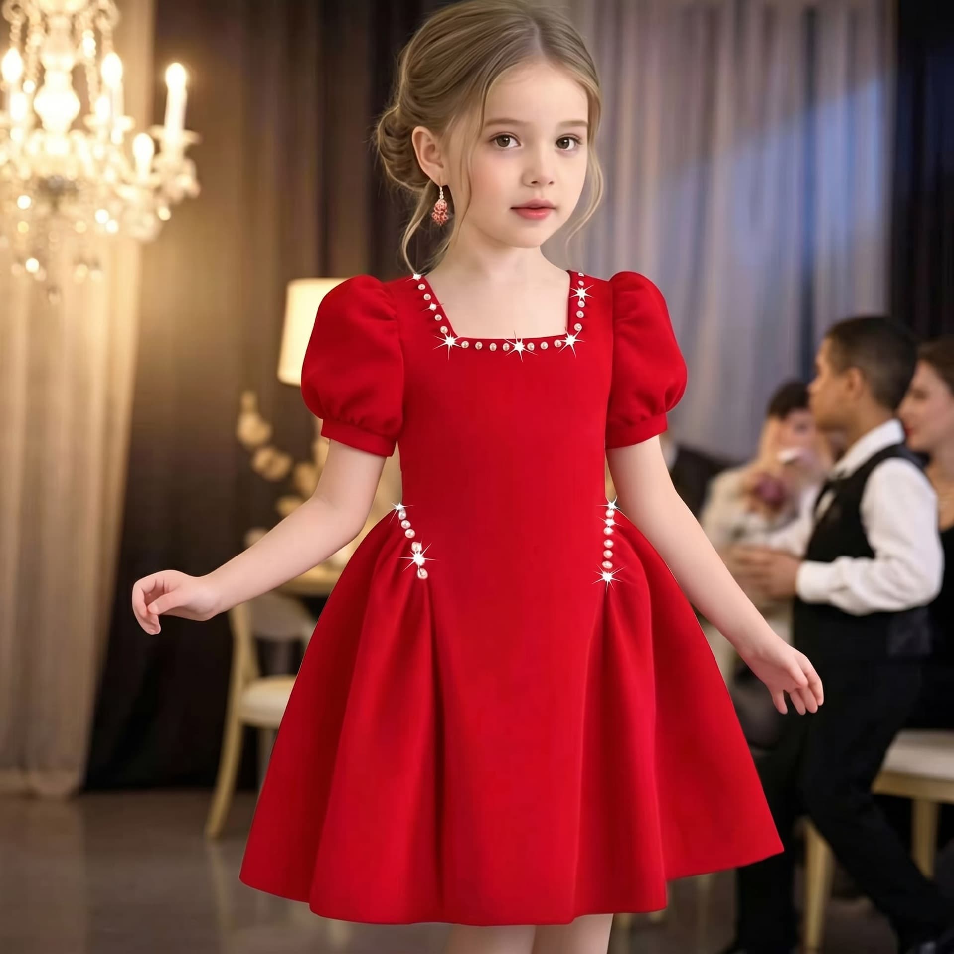 Sweet Princess-Style Dress for Girls Aged 4-7, Stylish Beaded Square-Neck Puff-Sleeve Dress