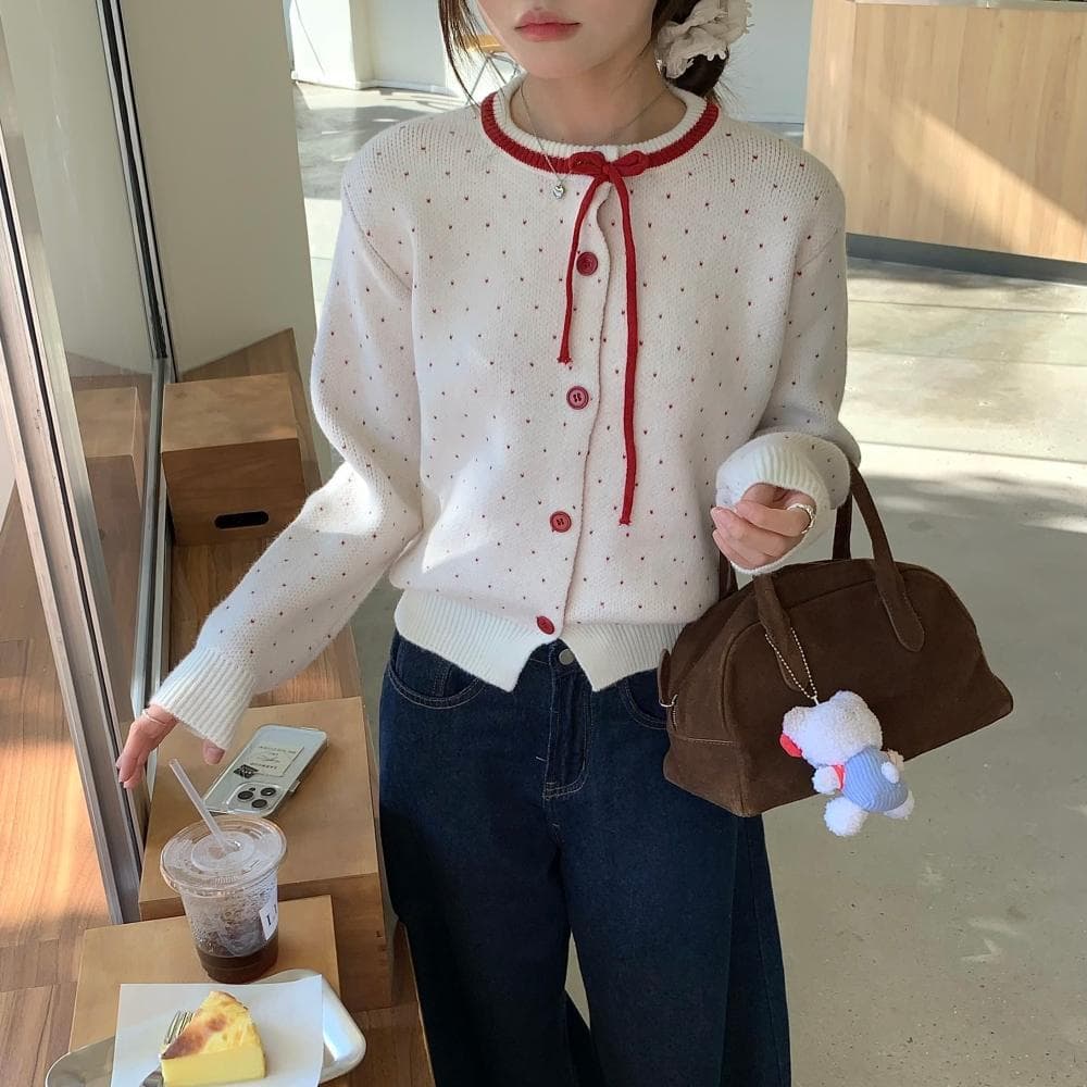 Spring 2025 New Women's Polka Dot Jacquard Tie-Front Single-Breasted Knit Cardigan Loose Fit Cardigan