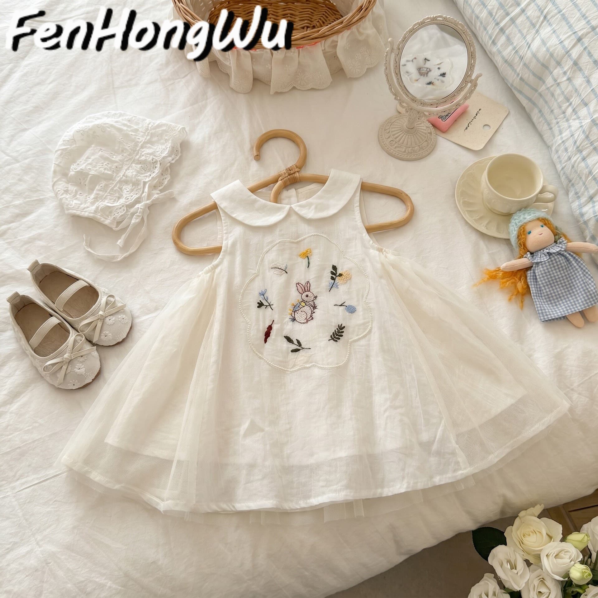 Pink House Girls French Dress Summer Embroidered Patch Sleeveless Dress Baby Girl Fashion Thin Turn-down Collar Dress