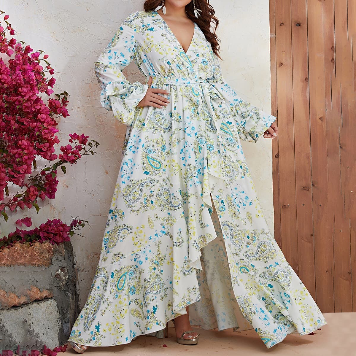European and American large size long skirt for women, chiffon V-neck long-sleeved dress, slit printed casual long skirt-FSSN069