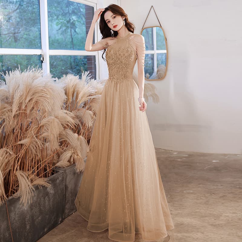 2026 New Elegant Long Halter Neck Fringe Evening Gown for Banquet, Engagement, Birthday Party