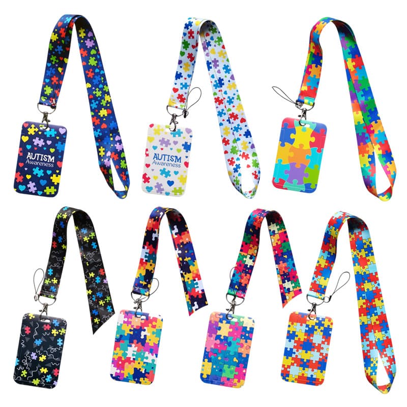 Cross-border Autism Puzzle Building Block Card Holder Anime Lanyard Card Holder Keychain Long Phone Strap Hot Selling for Export