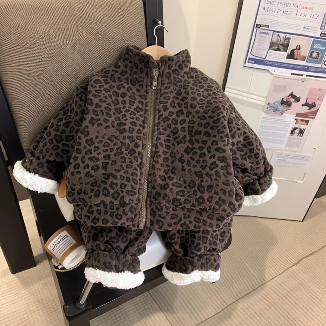 Boys and Girls Winter Fleece-Lined Set, Stylish Baby Warm Thickened High-Neck Jacket and Pants Cotton Padded Two-Piece Set