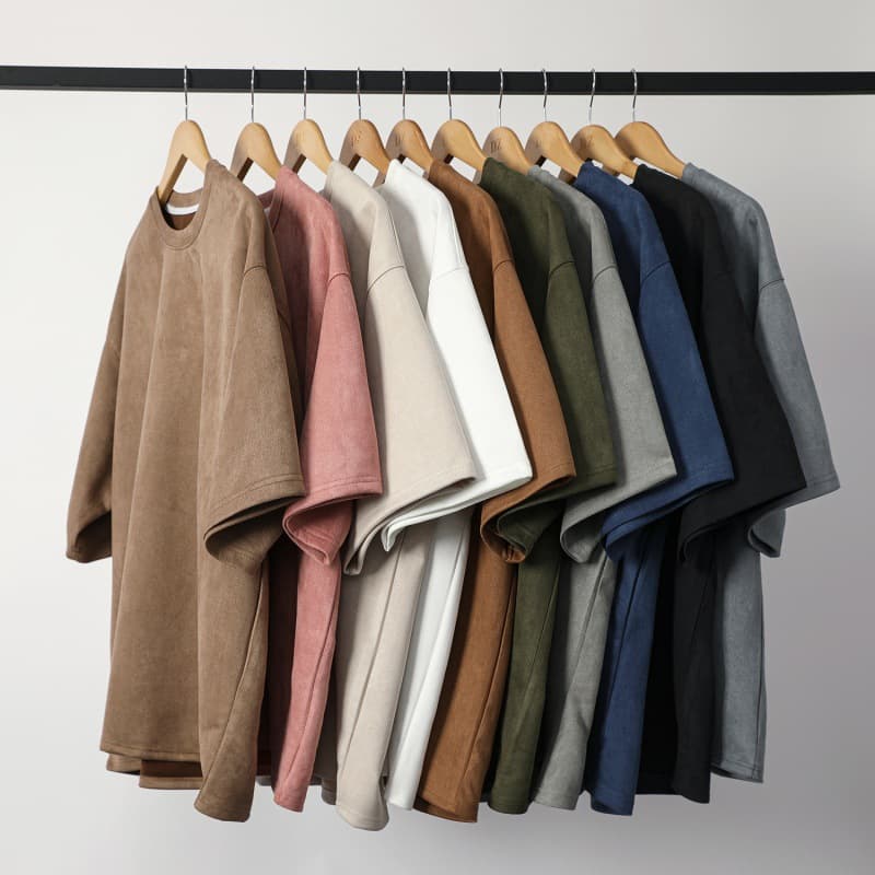 Men's T-Shirt 2024 New Men's Two-Button Solid Color Suede Velvet Loose Crew Neck Pullover Short Sleeve T-Shirt