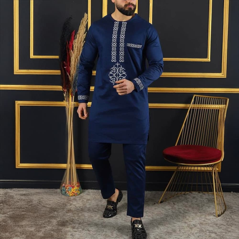 Hot-selling African casual versatile style men's wedding suit 2-piece set, round neck long-sleeve top and pants