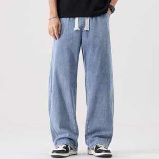 Plus Size Men's Summer New American High-Street Jeans Men Loose Fit Washed Slightly Wide Straight Leg Long Pants