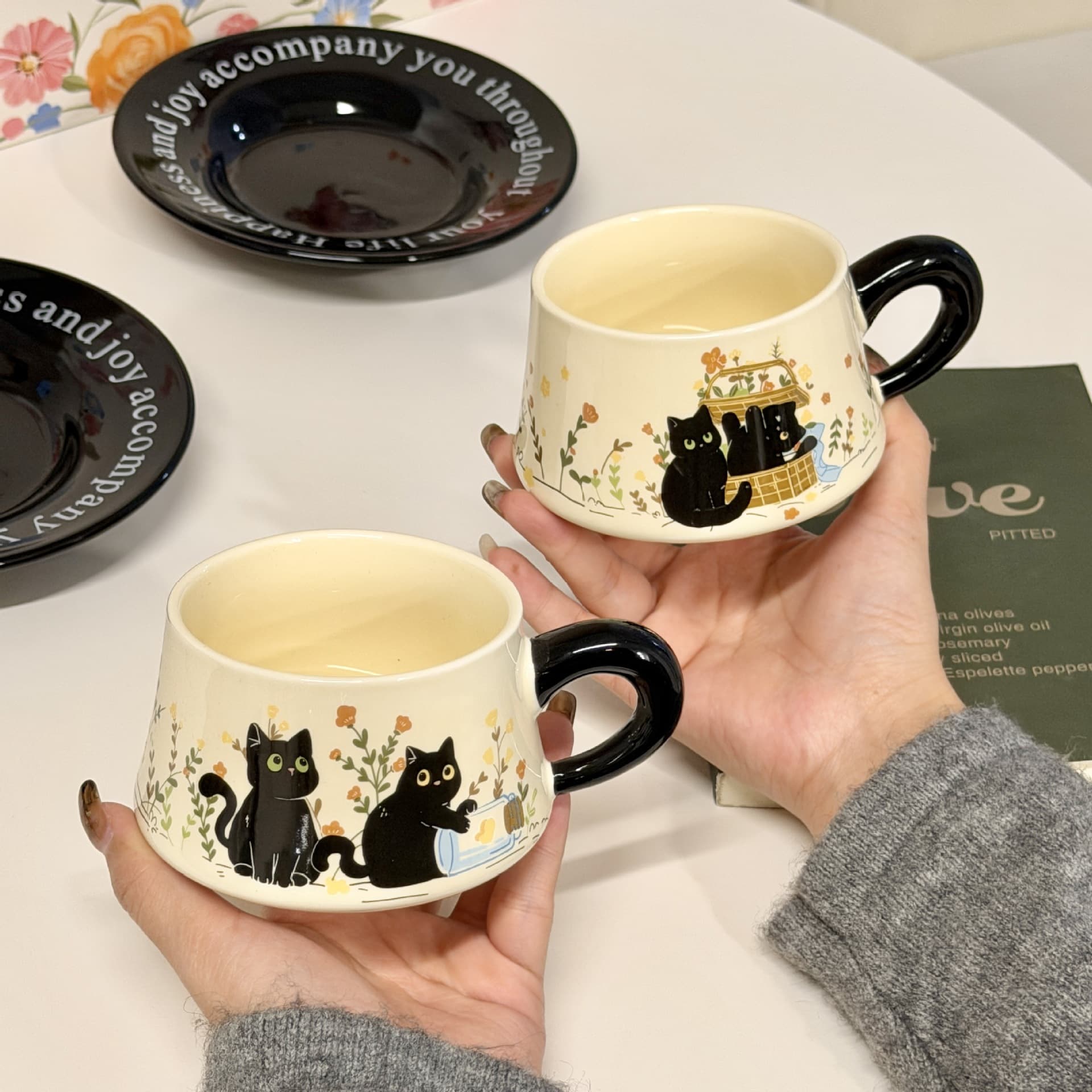 Cute Cartoon Black Cat Ceramic Mug Gift Water Cup Funny Trendy Coffee Cup and Saucer Set Gift Box Exquisite