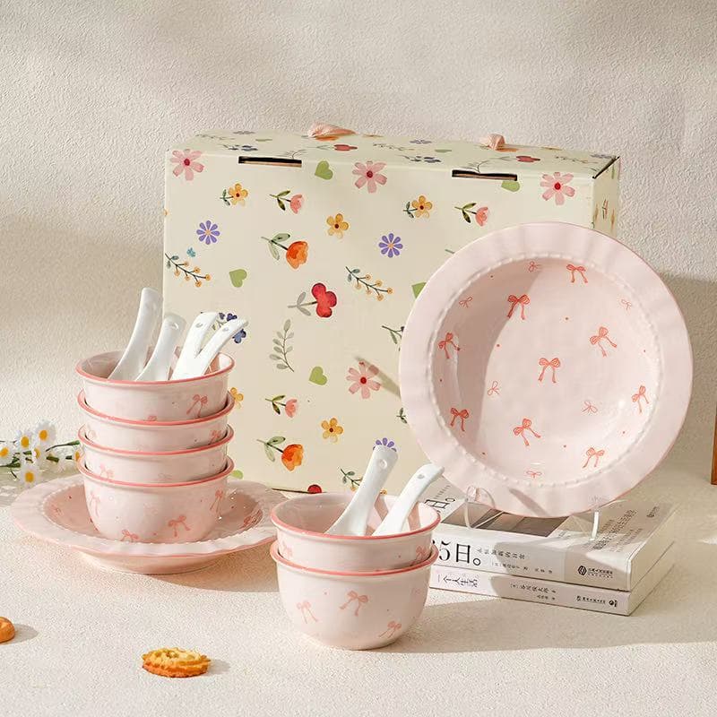 Ceramic Tableware Set Household Ceramic Noodle Bowls Soup Bowls Fish Plates Spoons Wedding Housewarming Gift Festive Dinnerware Gift Box Set