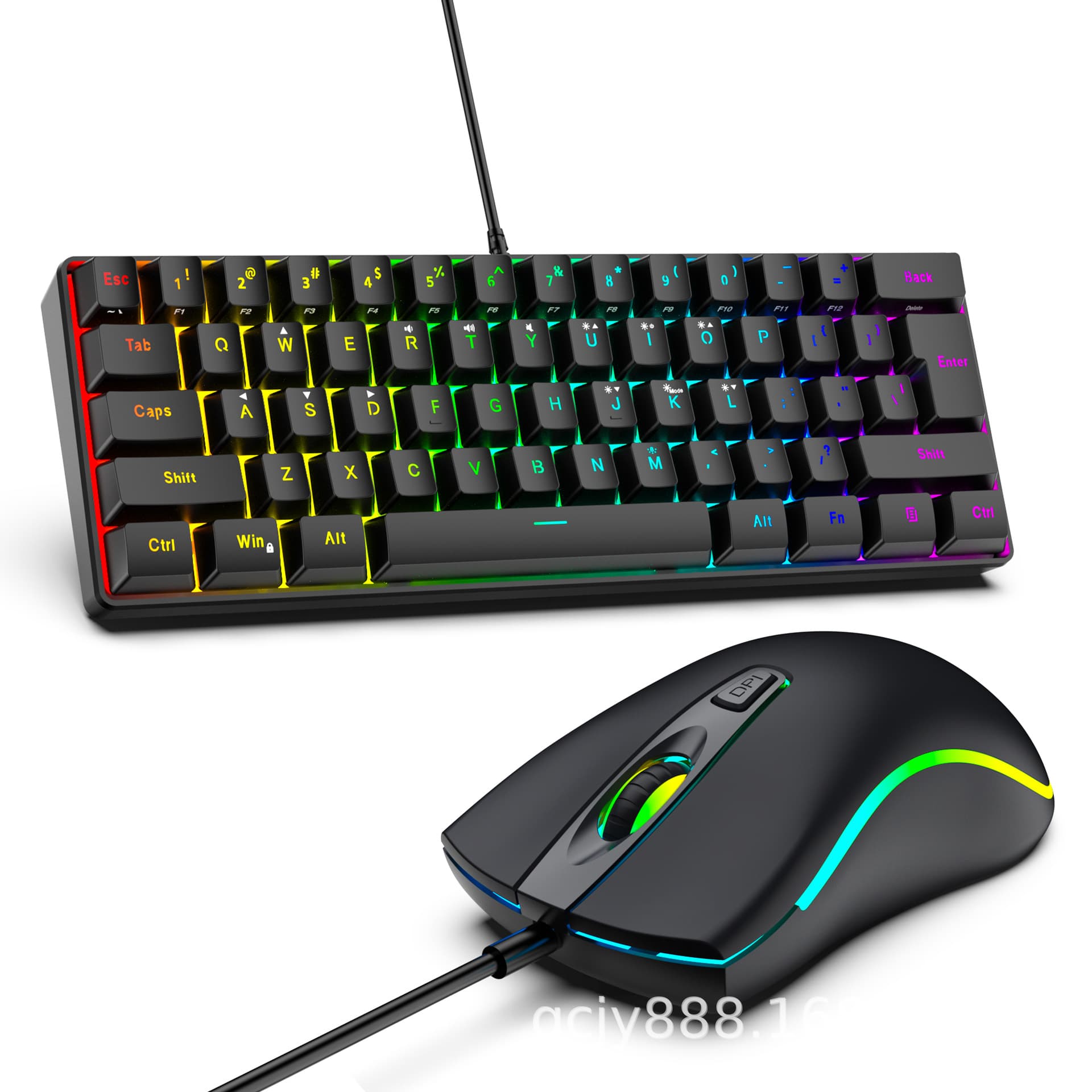 61-Key RGB Gaming Wired Keyboard and Mouse Set, Colorful Mini Non-Mechanical Membrane Keyboard in Black and White for PC
