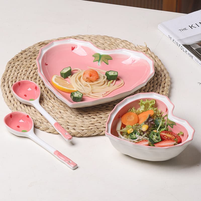 Creative Strawberry Bowl Spoon Plate Set Salad Heart-Shaped Bowl Household Tableware Ceramic Bowl Strawberry Dessert Amazon