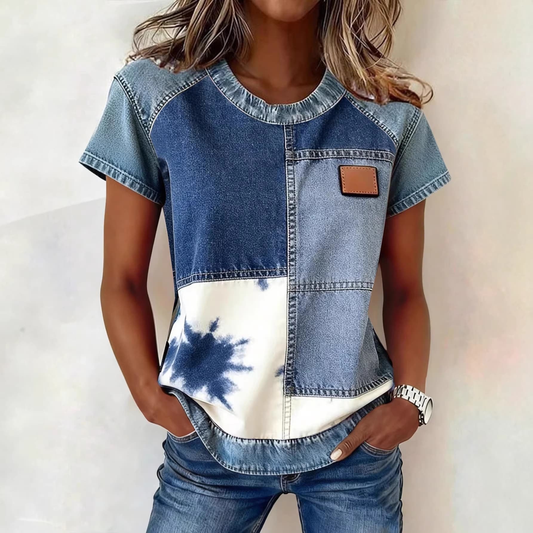 2026 New Cross-border Women's Denim-Look Short Sleeve T-Shirt 3D Digital Print Summer Top European and American Fashion Women's Clothing