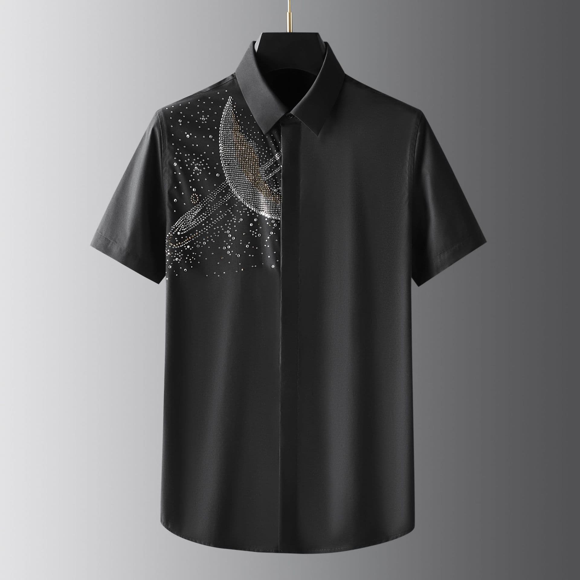 Summer New Gypsophila Starry Sky Czech Rhinestone Hot Stamping Shirt Men's Short-Sleeved Slim-Fit Casual Top Men's Night Wear
