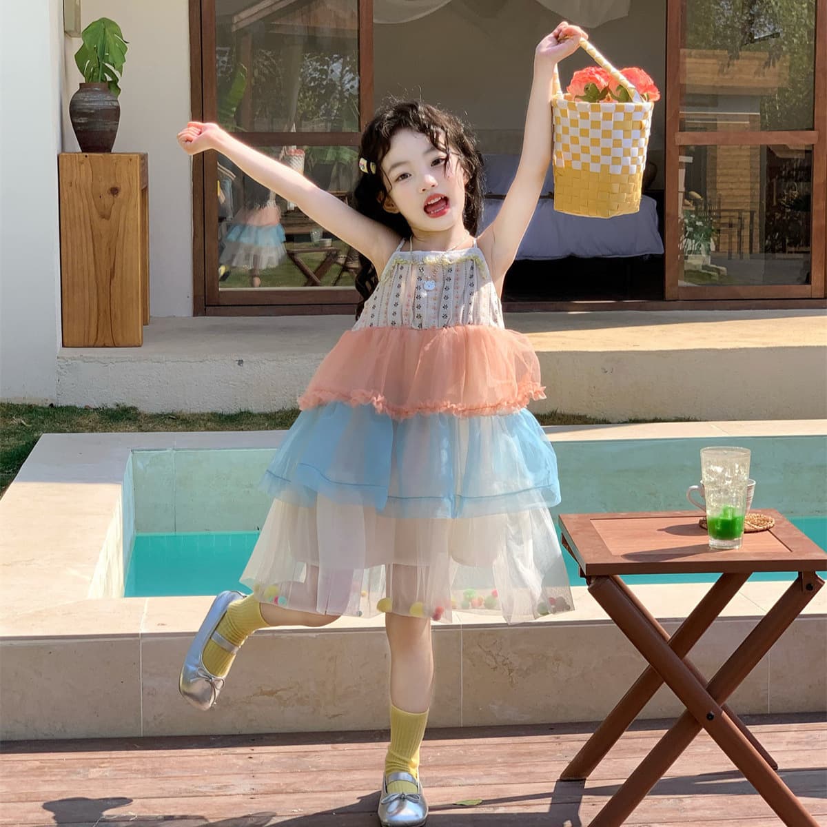 2026 Summer New Girls Dopamine Princess Dress Korean Style Summer Dress Children's Color Block Tulle Strappy Dress