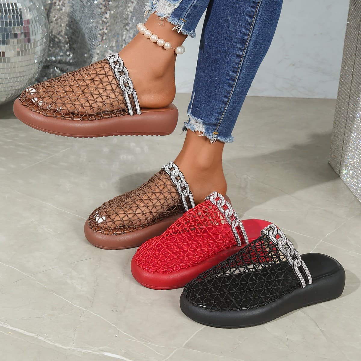 Vintage Woven Fishnet Shoes Chunky Platform Closed-Toe Mules for Women 2025 Summer New Arrival Export European American Rhinestone Sandals