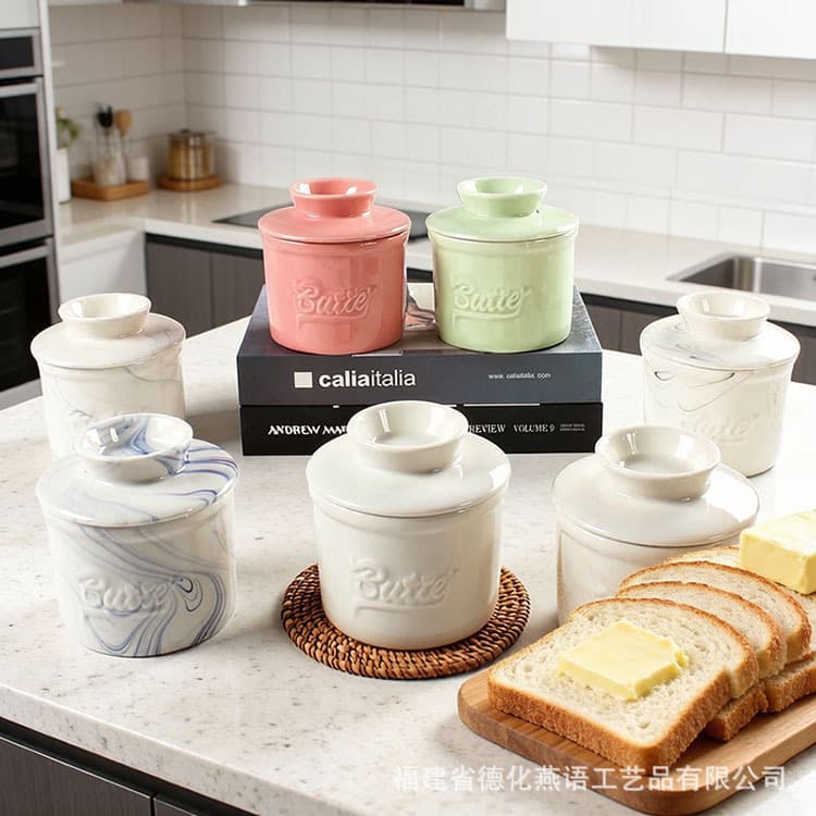 Cross-border marble relief ceramic butter jar French countertop butter saver spreadable soft butter storage