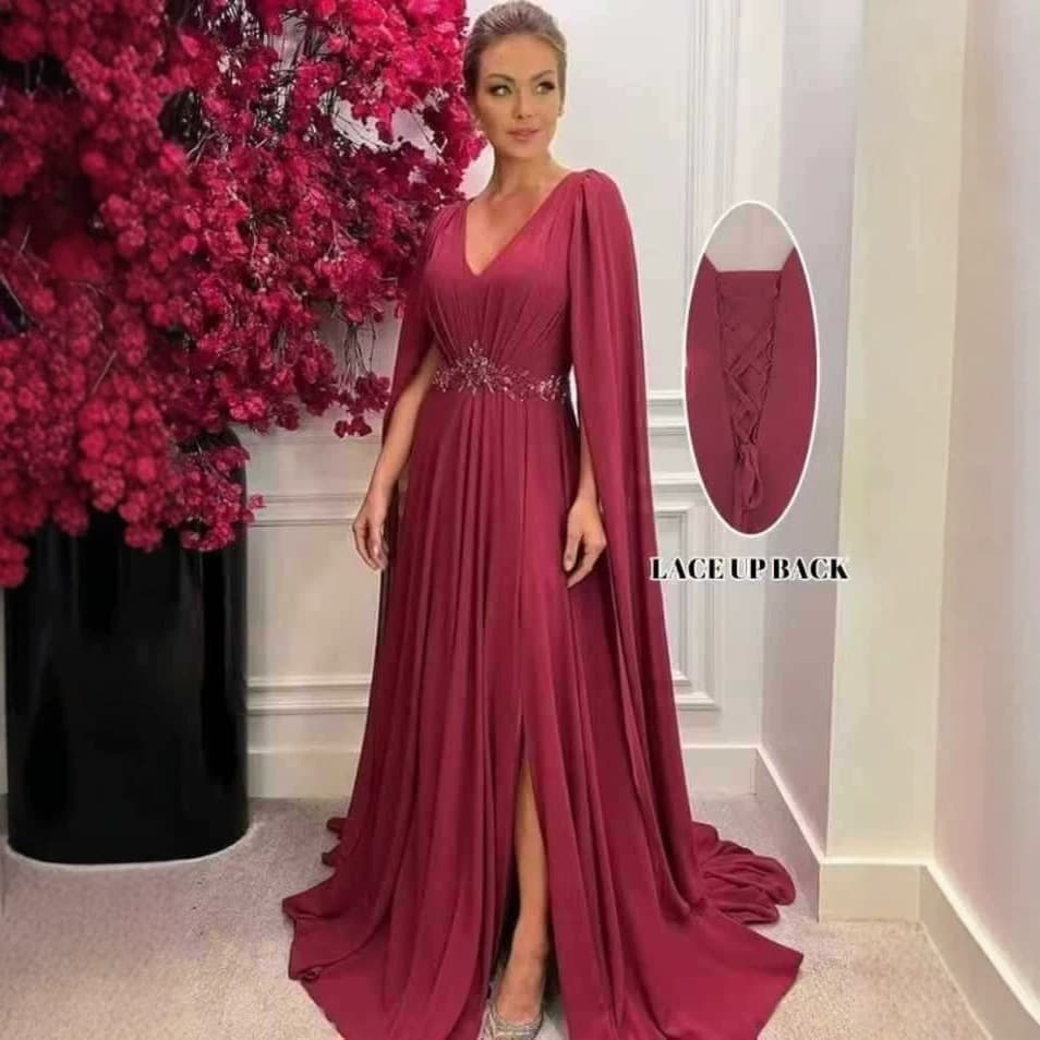 Wine Red V-Neck Cape Evening Dress High Waist Rhinestone Slit Long Train Dress Wedding Mother Dress Custom