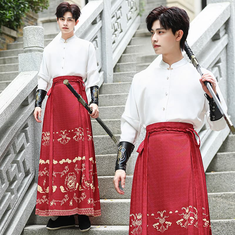 Chinese Style Men's Clothing Ming Dynasty Red Dragon Pattern Jacquard Horse-face Skirt New Chinese Hanfu Men's Ancient Warrior Kyudo Attire