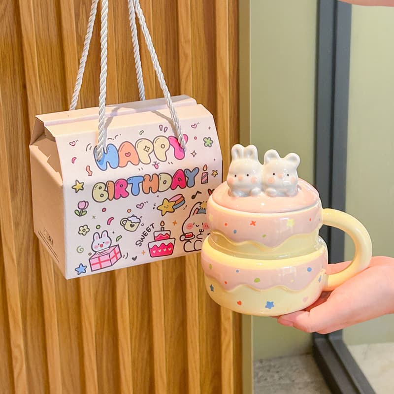 High Appearance Bunny Ceramic Mug with Lid Cake Design Birthday Gift for Women, Girlfriend, Bestie, Gift Box Set