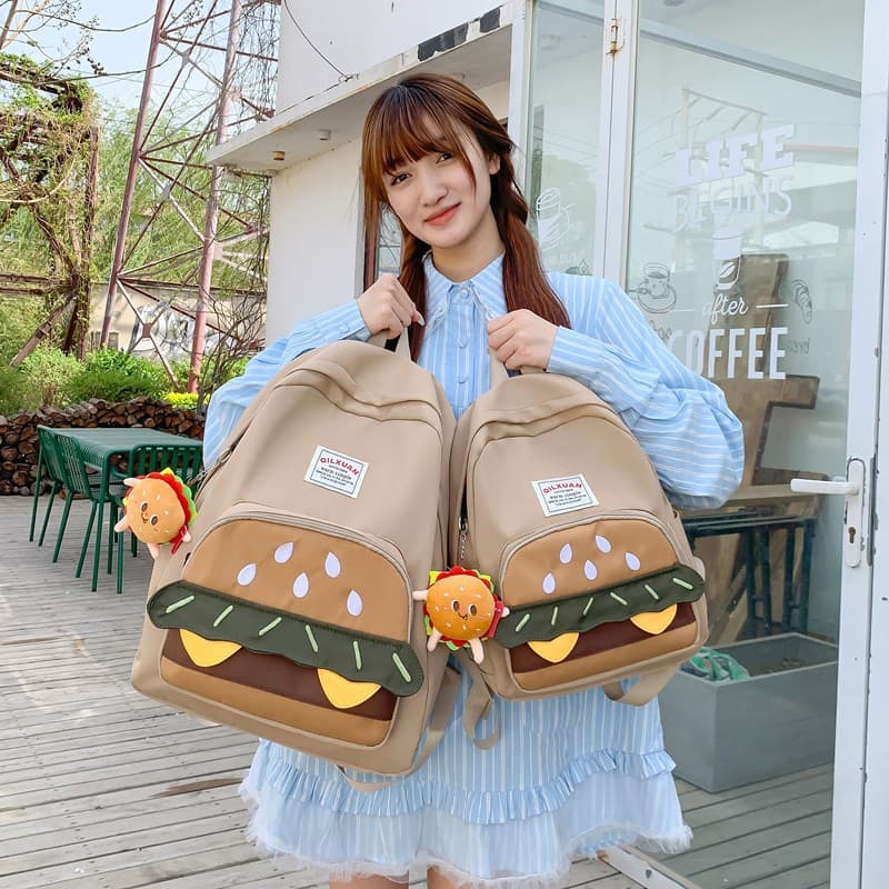 Korean ins niche design hamburger schoolbag cute and versatile college student backpack lightweight travel backpack