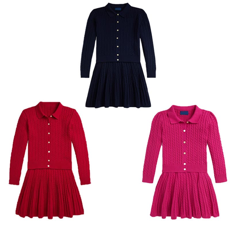 2025 new girls' pitaya knit cable set, classic twisted rib collar cardigan sweater with half skirt, British style