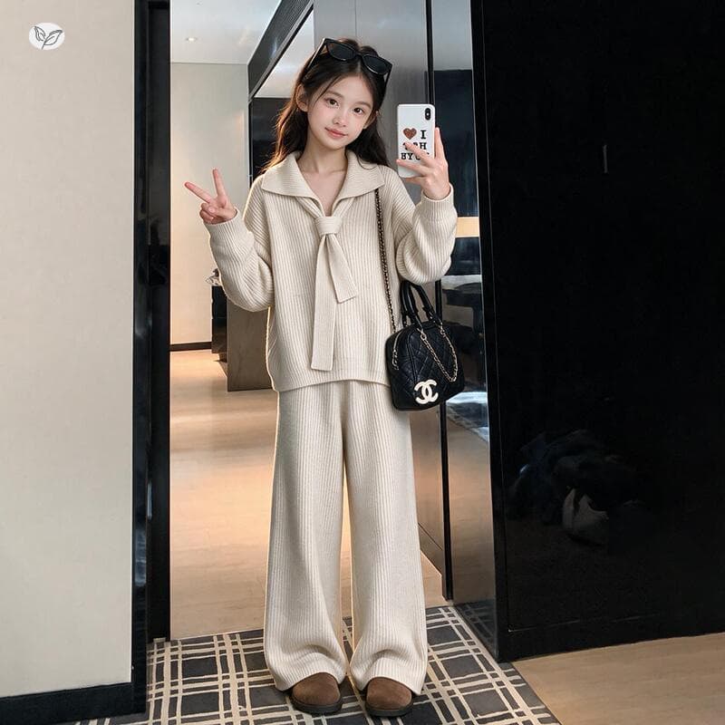 Girls' Knit Set 2026 Fall New Middle & Big Kids Casual Style Turn-Down Collar Sweatshirt Sweater with Wide-Leg Pants Two-Piece Set