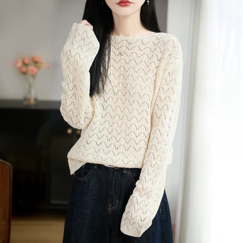 2026 Spring-Summer New Fine Wool Boat Neck Knit Long-Sleeve Hollow-Out Crochet Design Base Layer Top