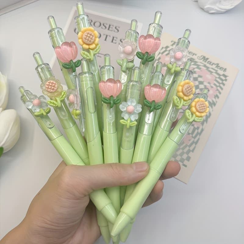 Floral pattern retractable gel pen with quick-drying black ink - soft floral design writes smoothly and is suitable for daily use